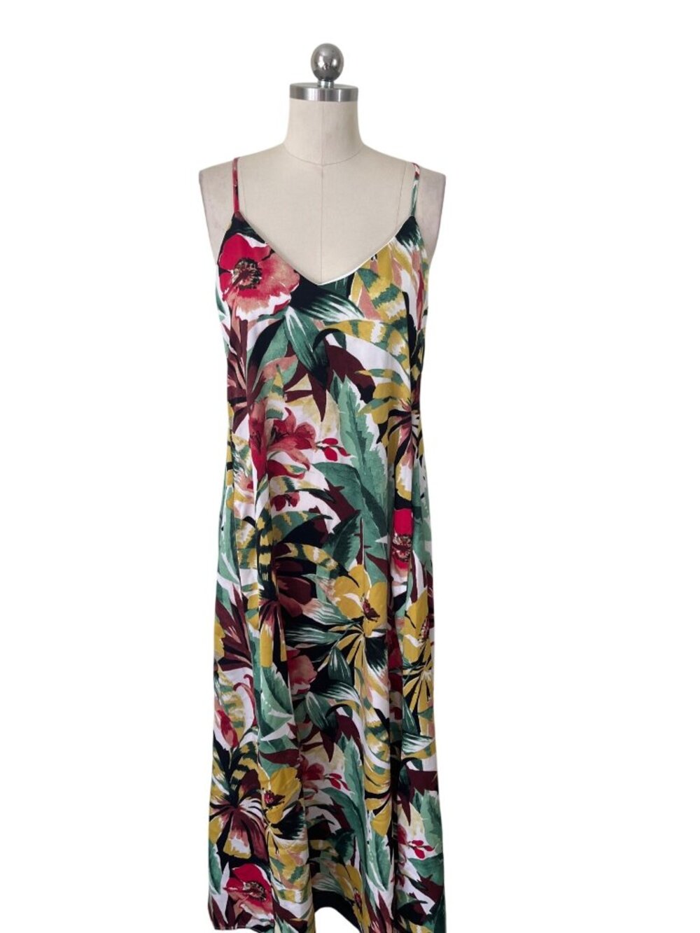 Nicole Miller Printed Palma Satin Maxi DressTtropical Floral Botantical Resort